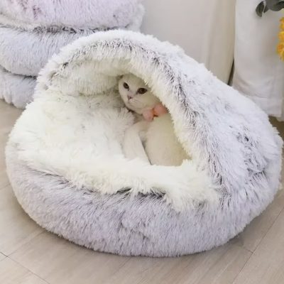 Lit en peluche rond avec capuche